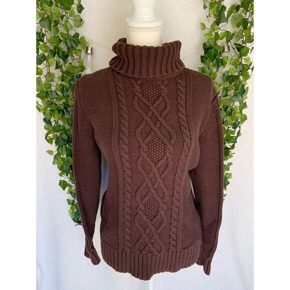 Eddie Bauer Vintage Brown Cable Knit Turtle Neck Sweater Women's SZ Large - Picture 1 of 10